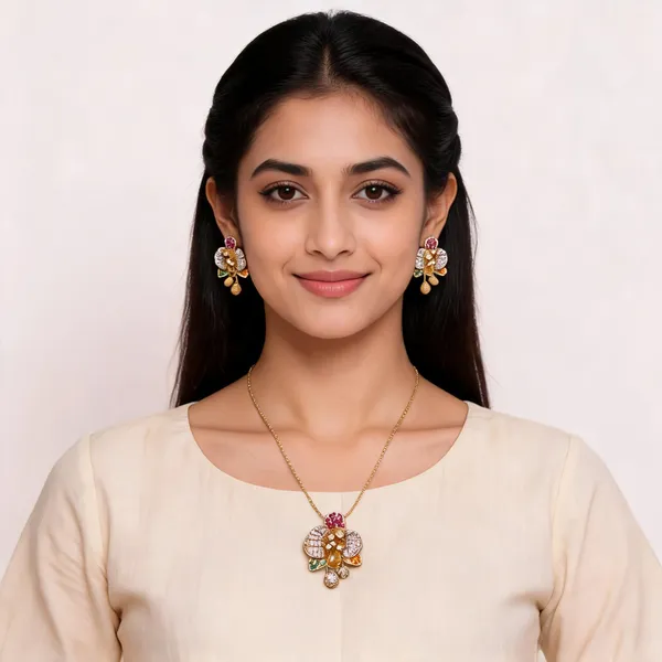 Multicolor_Stainless_Steel_18_Carat_Gold_Plated_Pendant_Set_With_Earrings_For_Women