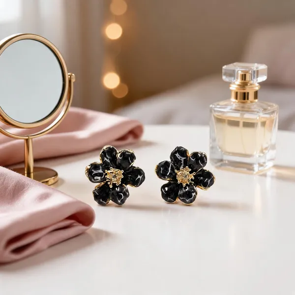 Black_Stainless_Steel_Floral_Stud_Earrings_For_Women