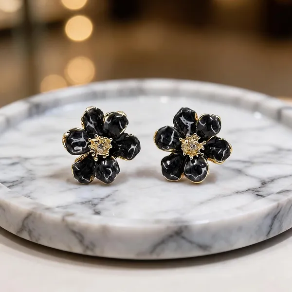 Black_Stainless_Steel_Floral_Stud_Earrings_For_Women