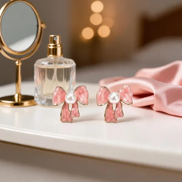 Pink_Stainless_Steel_Bow_Pearl_Stud_Earrings_For_Women