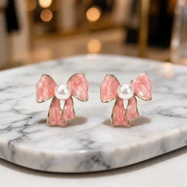 Pink_Stainless_Steel_Bow_Pearl_Stud_Earrings_For_Women