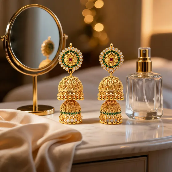 Gold_&_Green_Stainless_Steel_Jhumka_Earrings_For_Women