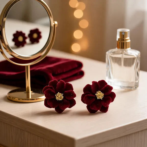 Burgundy_Stainless_Steel_Floral_Stud_Earrings_For_Women