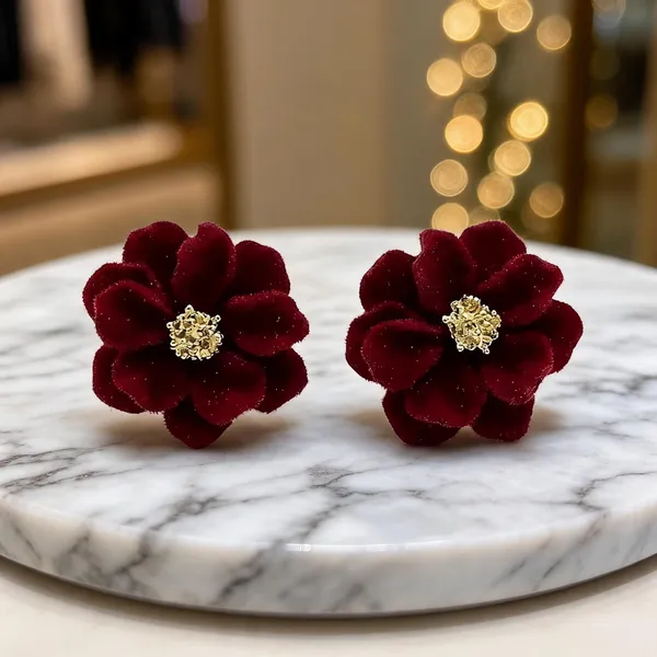 Burgundy_Stainless_Steel_Floral_Stud_Earrings_For_Women