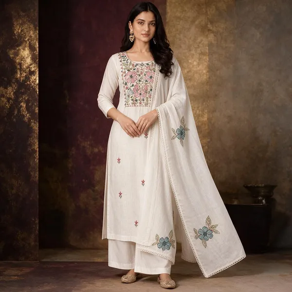 Cream_Dupatta_Set_With_Embroidery_Work_In_Floral