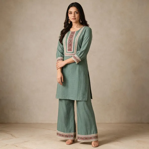 Green_Co-ord_Set_With_Embroidery_And_Lace_Work