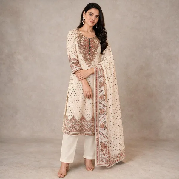 Cream_Dupatta_Set_With_Embroidery_And_Print_Work