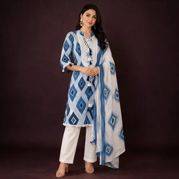 Blue_And_White_Dupatta_Set_With_Neck_Embroidery_Mirror_Work