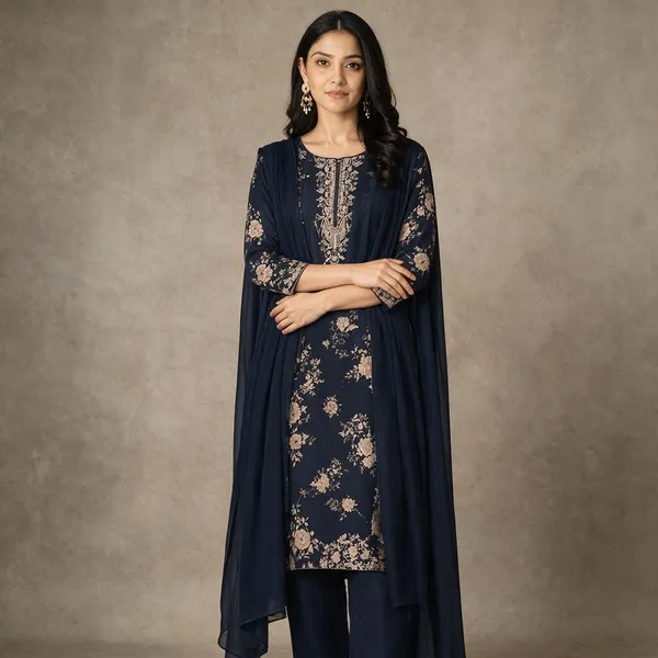 Navy_Blue_And_Cream_With_Floral_Prints_In_Peach_Dupatta_Set