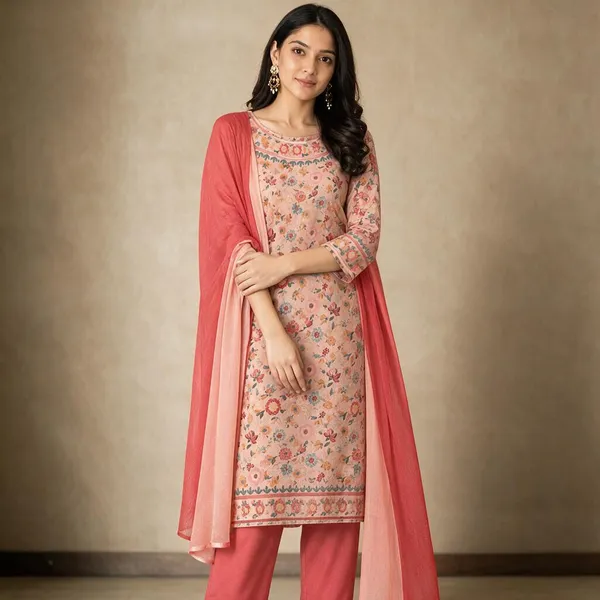 Cream_And_Peach_In_Floral_Print_Dupatta_Set