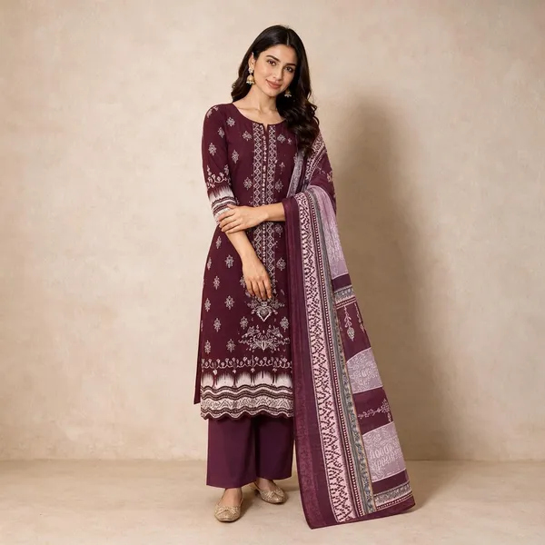 Marron_In_White_Geometric_Patterns_With_Embrodiery_Work_Dupatta_Set