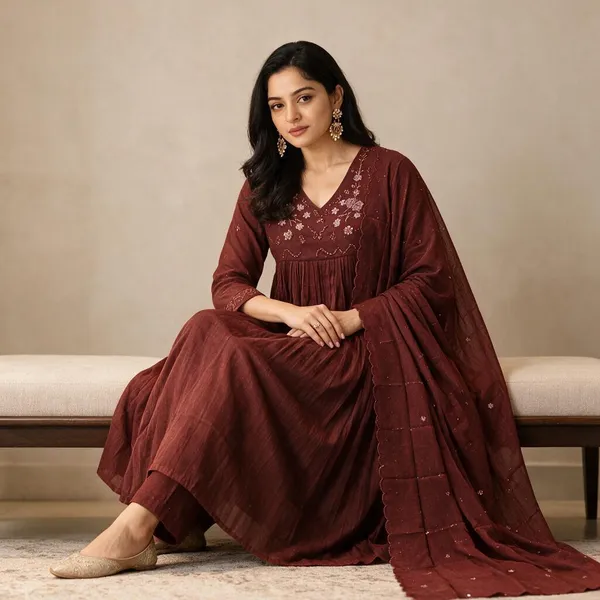 Maroon_Embroidered_Anarkali_Dupatta_Set_For_Women