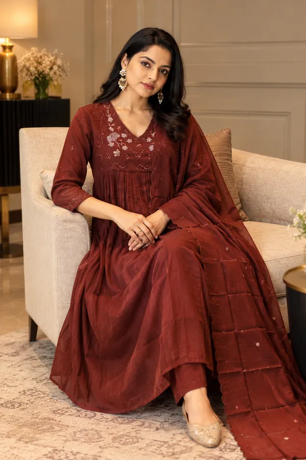 Maroon_Mal_Chanderi_Straight_Embroidered_Kurta_Set_For_Women
