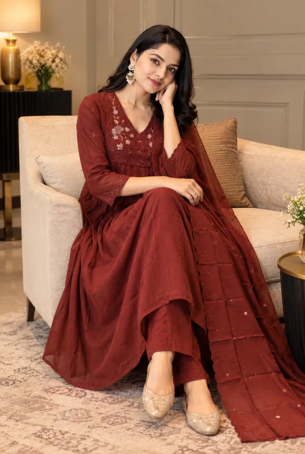 Maroon_Mal_Chanderi_Straight_Embroidered_Kurta_Set_For_Women