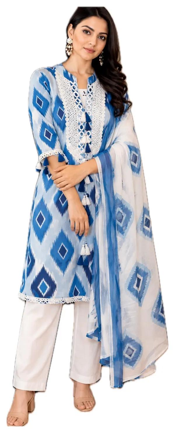 Blue_And_White_Dupatta_Set_With_Neck_Embroidery_Mirror_Work