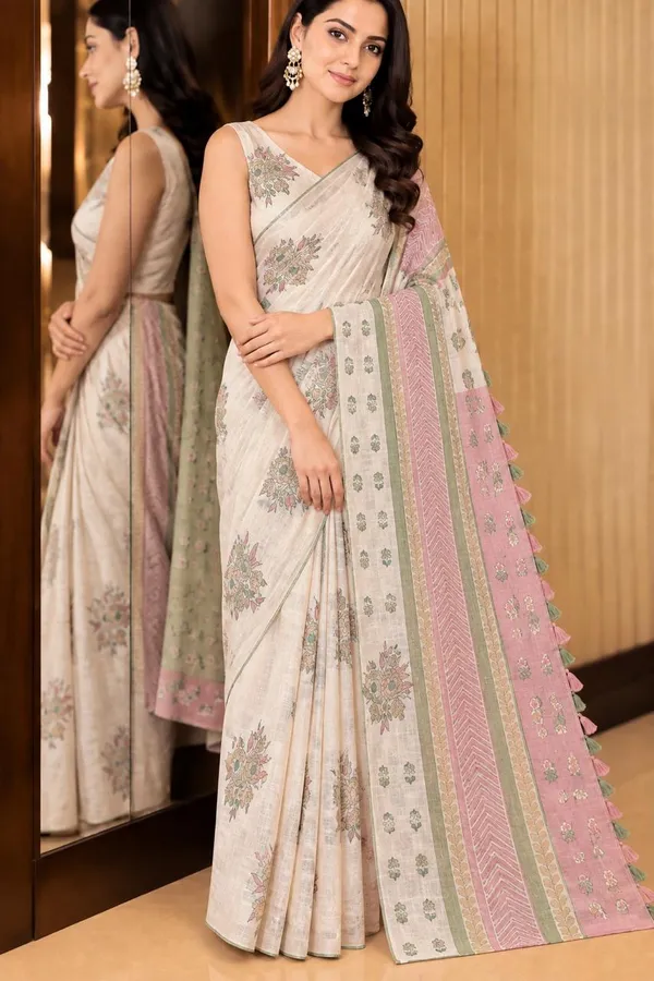 CREAM&PINK_LINEN_SAREE_IN_DIGITAL_FLORAL_PRINTS