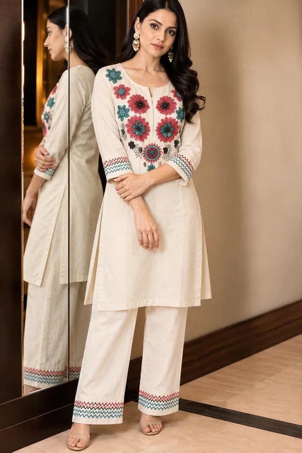 Cream_Co-ord_Set_With_Floral_Embroidery_Works