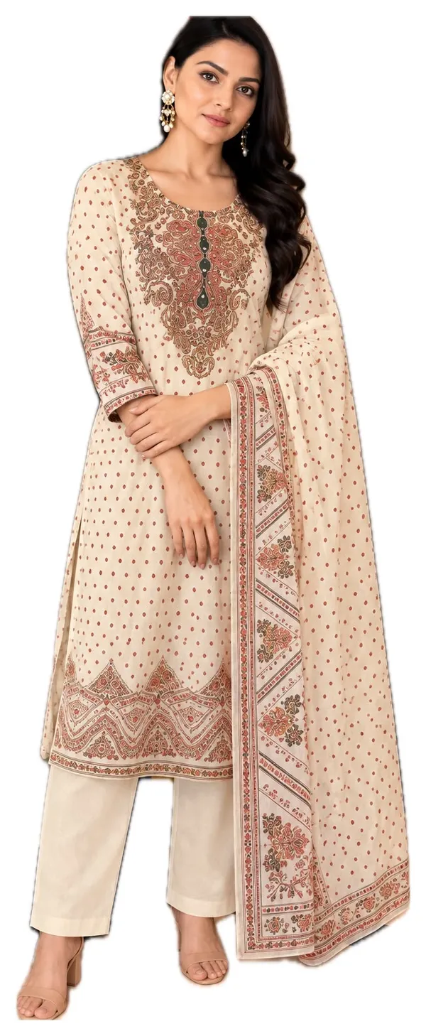 Cream_Dupatta_Set_With_Embroidery_And_Print_Work