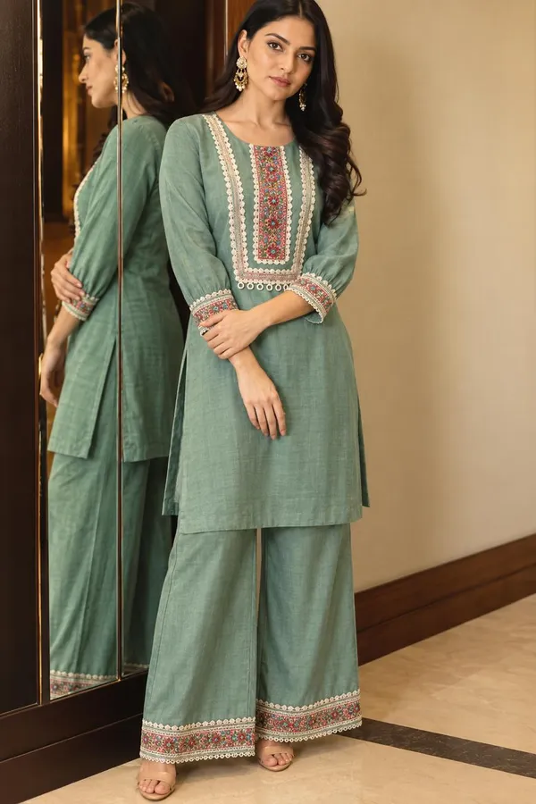 Green_Co-ord_Set_With_Embroidery_And_Lace_Work
