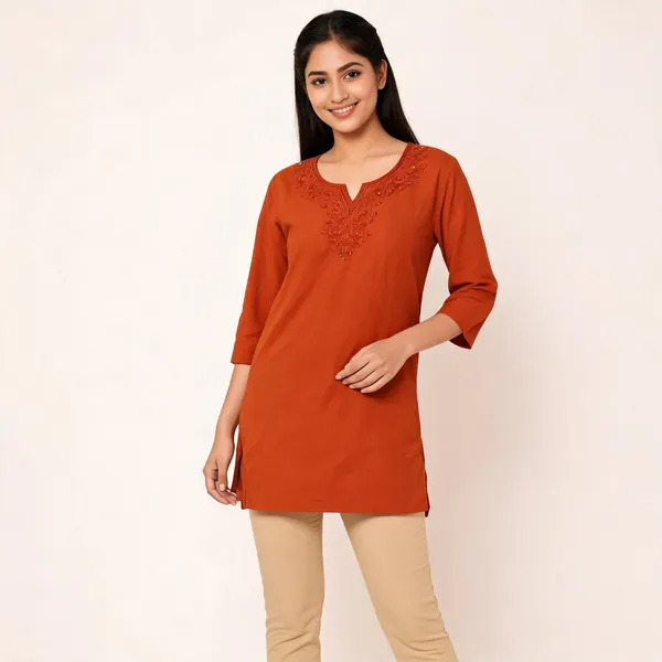 Brick_Orange_Cotton_Straight_Embroidered_Kurta_For_Women