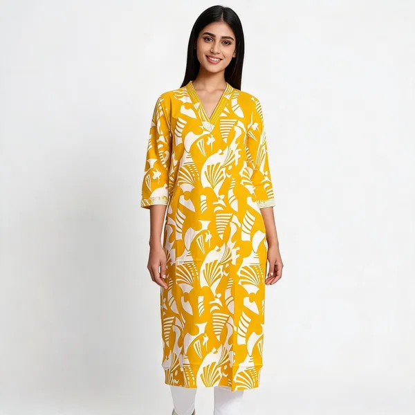 Yellow_Cotton_Straight_Botanical_Print_Kurta_For_Women