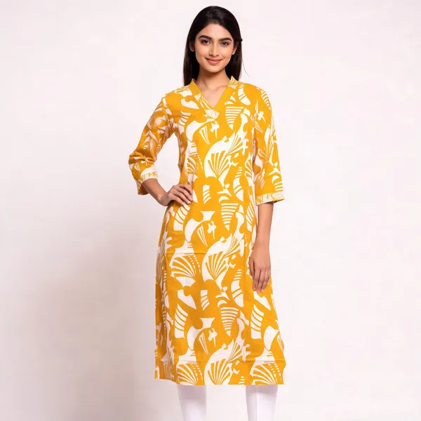 Yellow_Cotton_Straight_Botanical_Print_Kurta_For_Women
