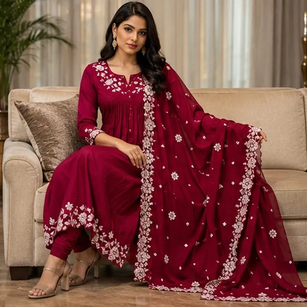 Maroon_Embroidered_Kurta_With_Dupatta_For_Women