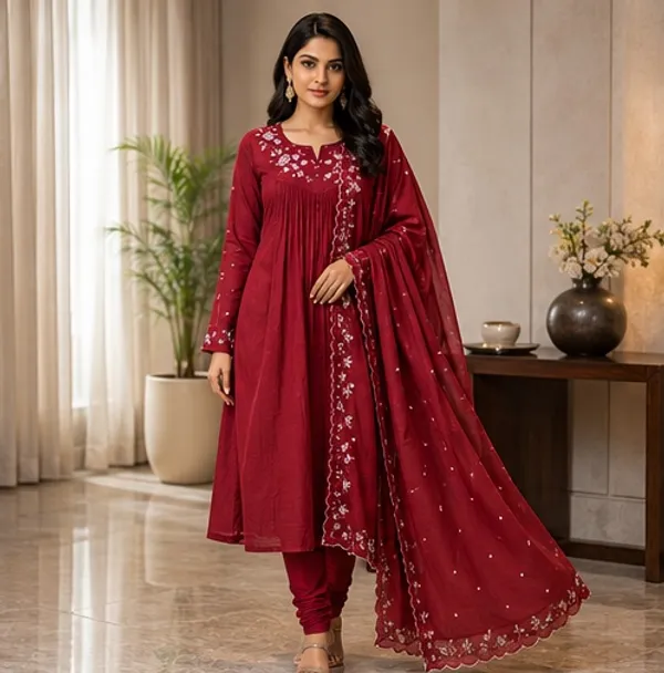 Maroon_Embroidered_Kurta_With_Dupatta_For_Women