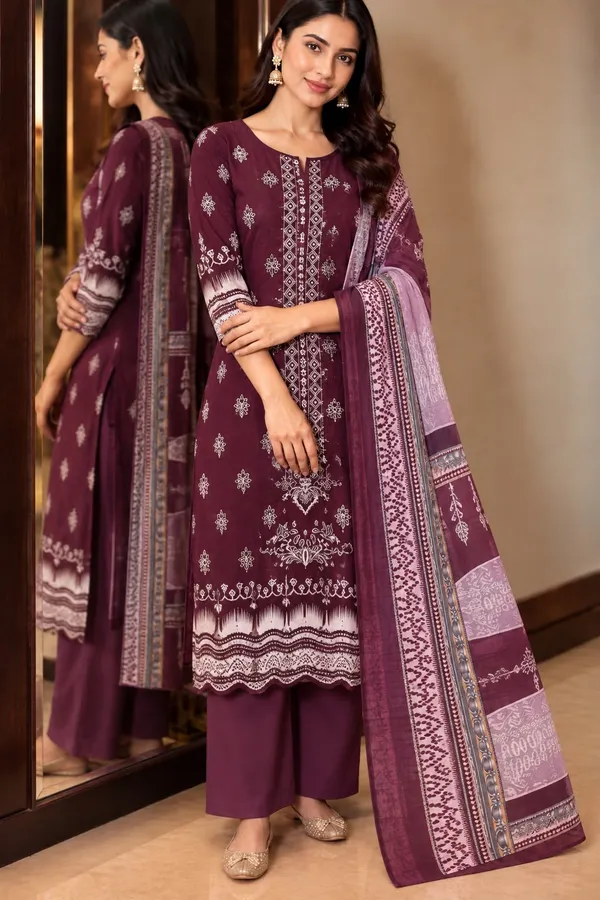 Marron_In_White_Geometric_Patterns_With_Embrodiery_Work_Dupatta_Set