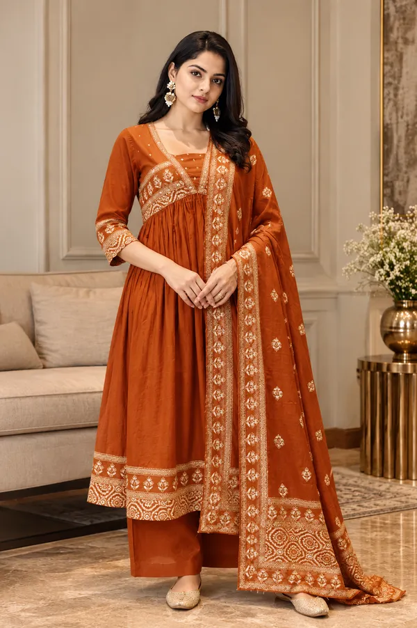 Orange_Embroidered_Anarkali_Dupatta_Set_For_Women