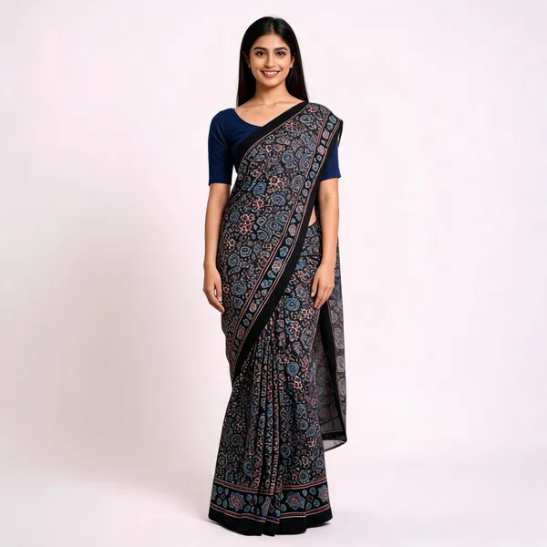 Black_Pure_Viscose_Georgette_Geometric_Floral_Print_Saree_For_Women