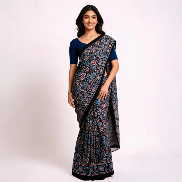 Black_Pure_Viscose_Georgette_Geometric_Floral_Print_Saree_For_Women