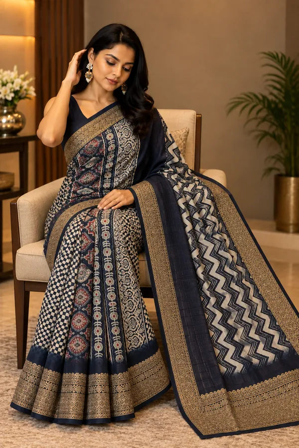 Navy_Dola_Silk_Chevron_Geometric_Print_Saree_For_Women