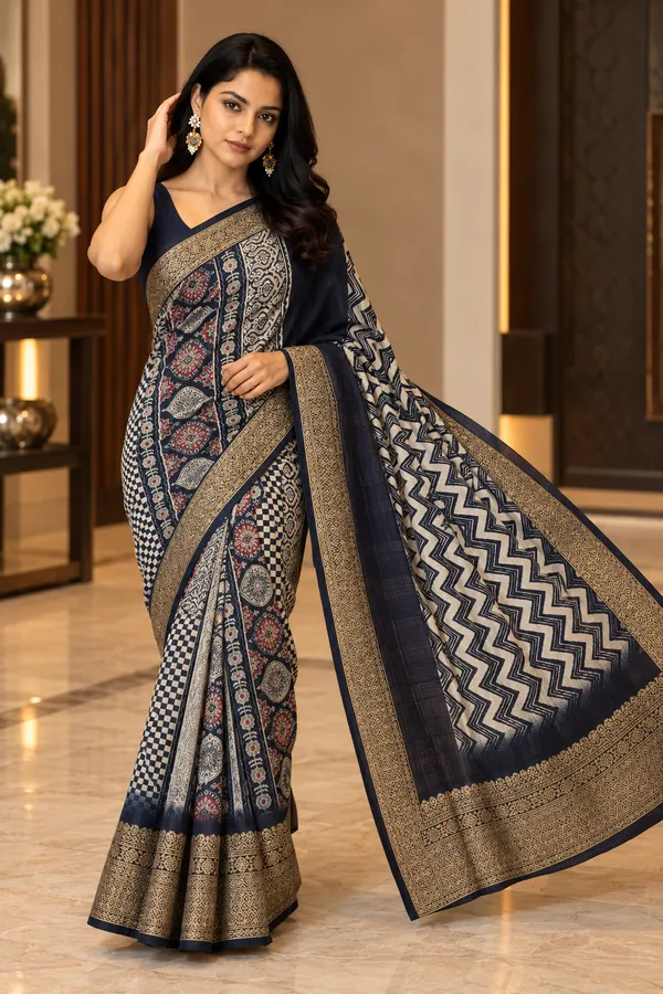 Navy_Dola_Silk_Chevron_Geometric_Print_Saree_For_Women