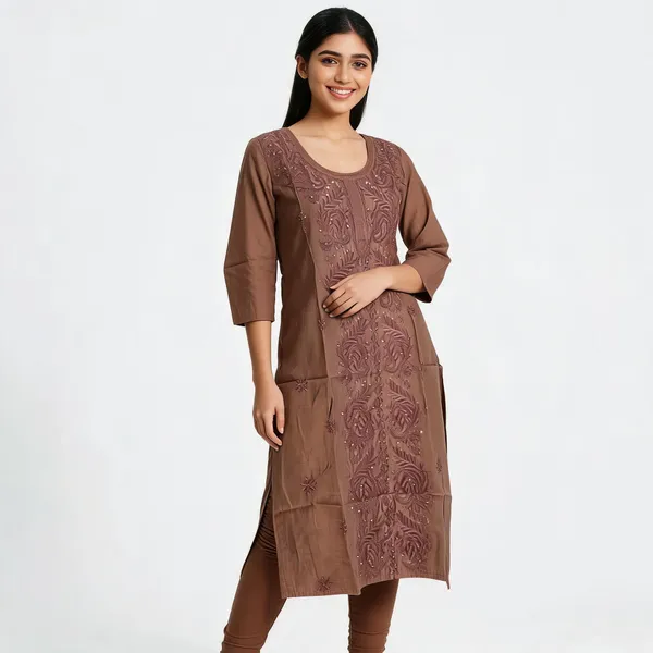 Coffee_Brown_Malchanderi_Straight_Embroidered_Kurta_For_Women