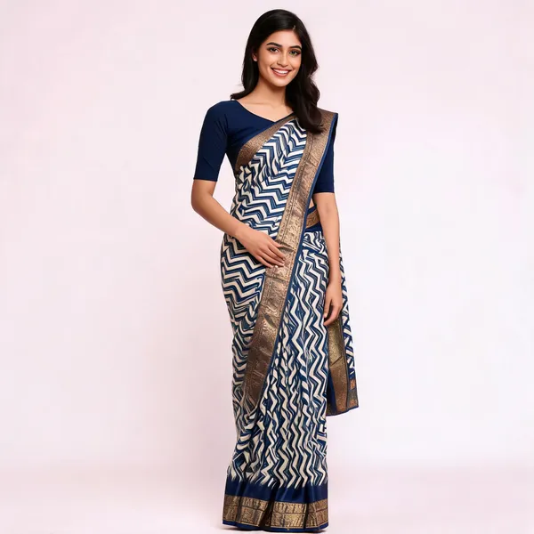 Navy_Dola_Silk_Chevron_Geometric_Print_Saree_For_Women