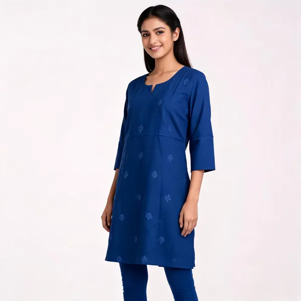 Blue_Cotton_Straight_Floral_Motif_Kurti_For_Women