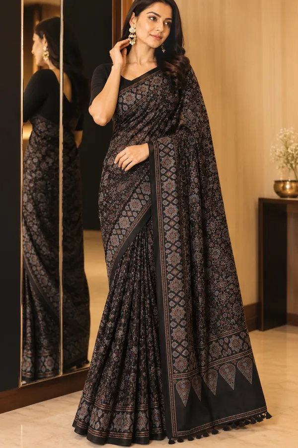 Black_Pure_Viscose_Georgette_Geometric_Floral_Print_Saree_For_Women