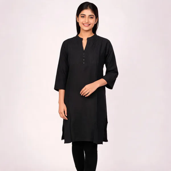 Black_Cotton_Straight_Band_Collar_Kurta_For_Women