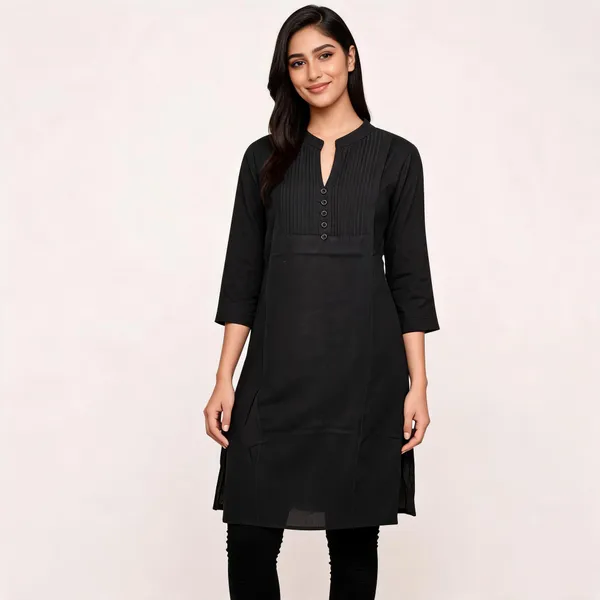 Black_Cotton_Straight_Band_Collar_Kurta_For_Women