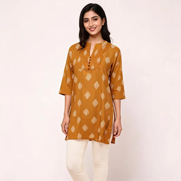 Mustard_Rayon_Straight_Leaf_Print_Kurta_For_Women