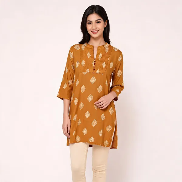 Mustard_Rayon_Straight_Leaf_Print_Kurta_For_Women