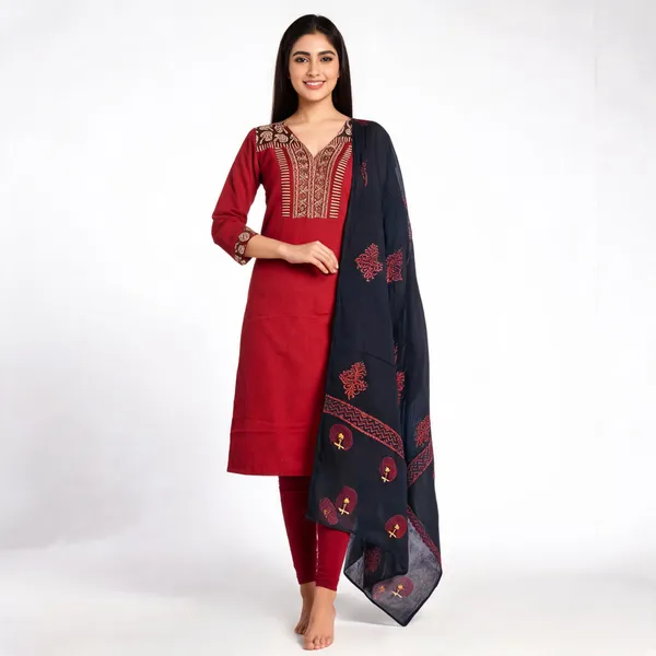 Maroon_Pure_Cotton_Straight_Embroidered_Kurta_Set_For_Women