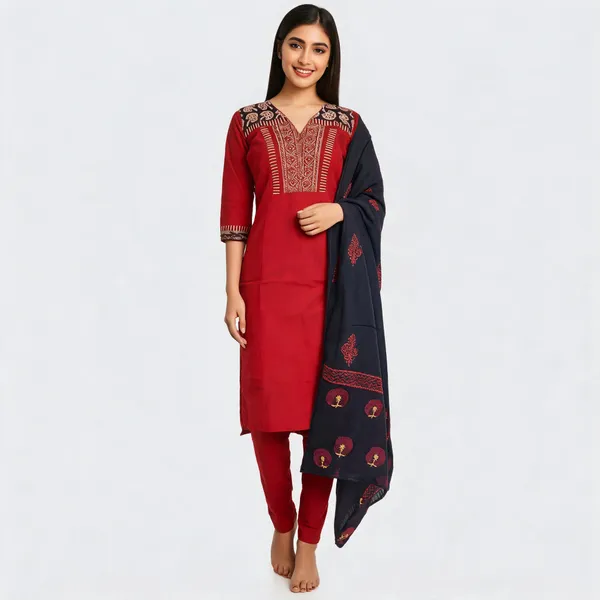 Maroon_Pure_Cotton_Straight_Embroidered_Kurta_Set_For_Women