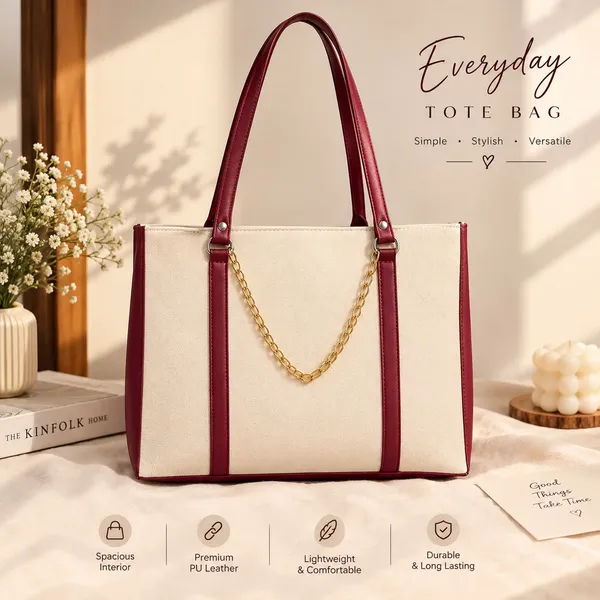 AMAILLE_Women's_Tote_Bag,_Cream_&_Burgundy,_Large,_Spacious_Interior,_Chain_Detail