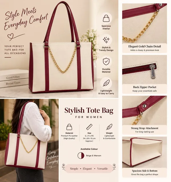 AMAILLE_Women's_Tote_Bag,_Cream_&_Burgundy,_Large,_Spacious_Interior,_Chain_Detail
