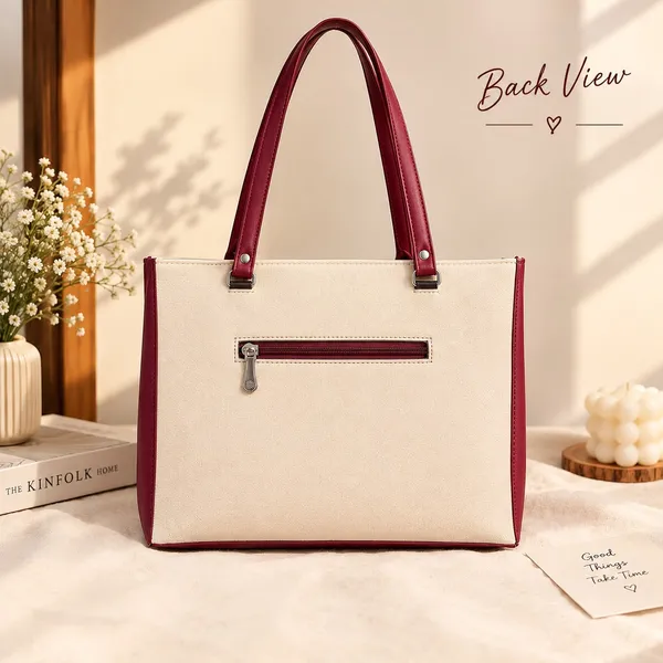 AMAILLE_Women's_Tote_Bag,_Cream_&_Burgundy,_Large,_Spacious_Interior,_Chain_Detail