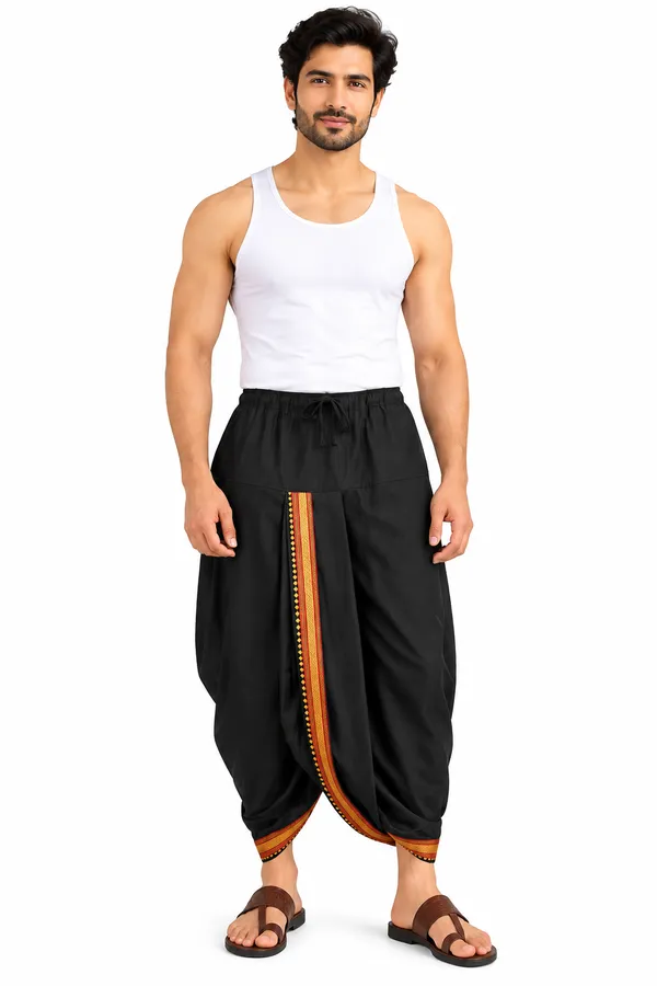 Bengal_Creations_Men's_Black_Traditional_Dhoti_with_Red_and_Gold_Border