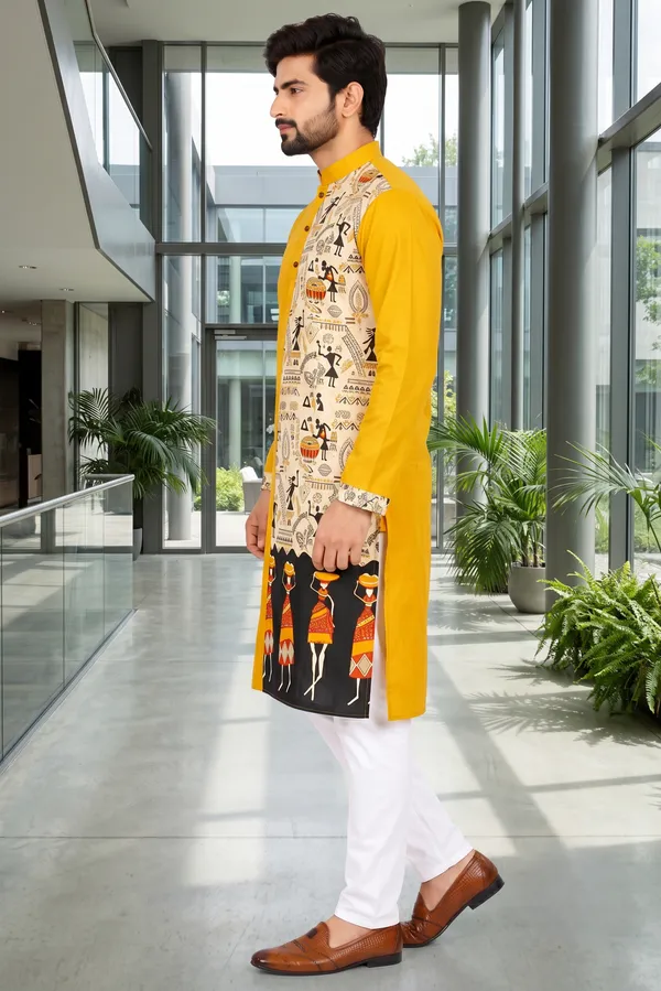 Bengal_Creations_Men's_Mustard_Yellow_Printed_Traditional_Kurta_Punjabi