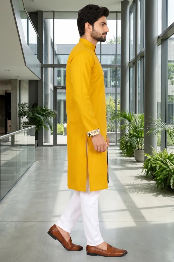 Bengal_Creations_Men's_Mustard_Yellow_Printed_Traditional_Kurta_Punjabi